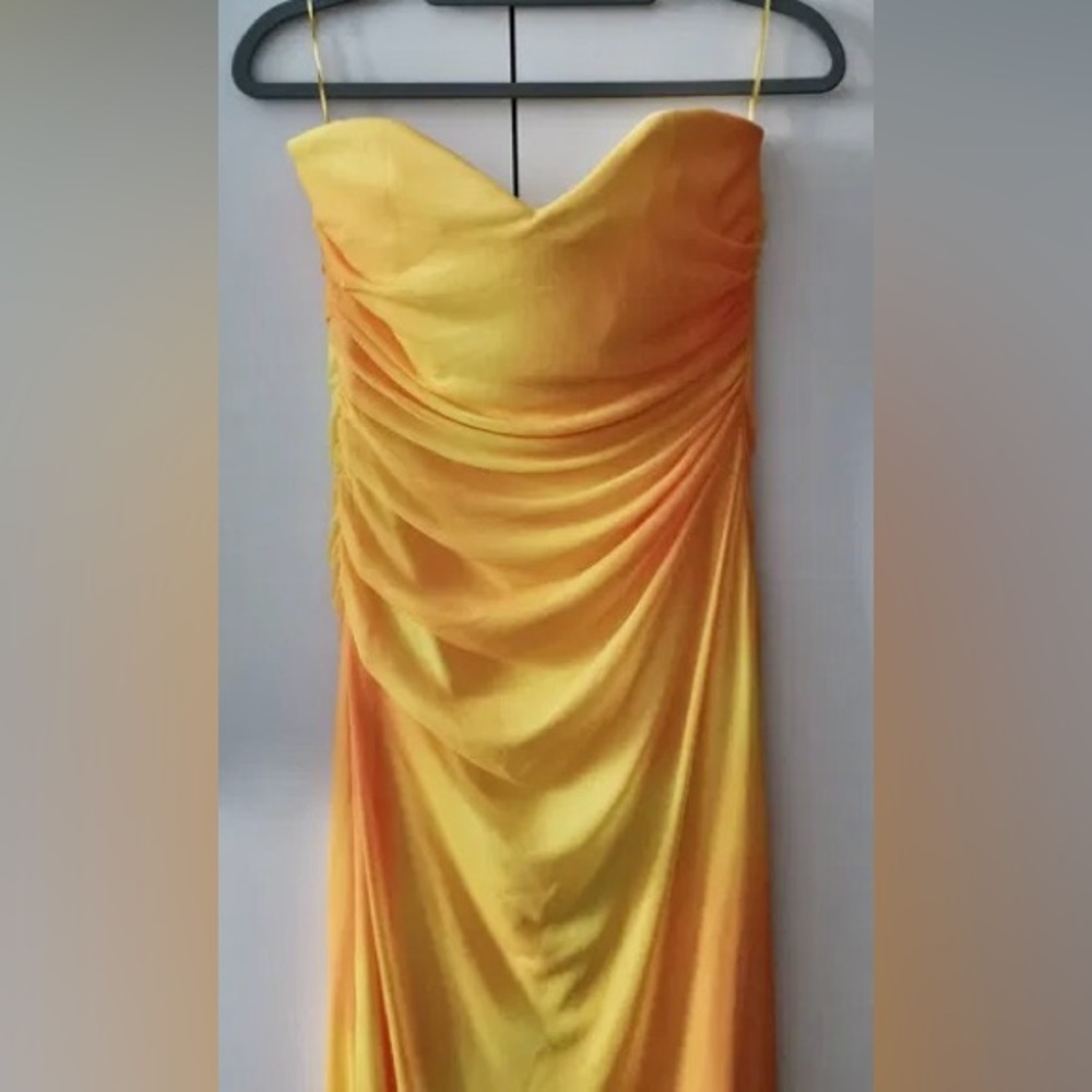 Zara NWT yellow orange tie dye printed tulle midi draped ruched sweetheart dress - Picture 4 of 15